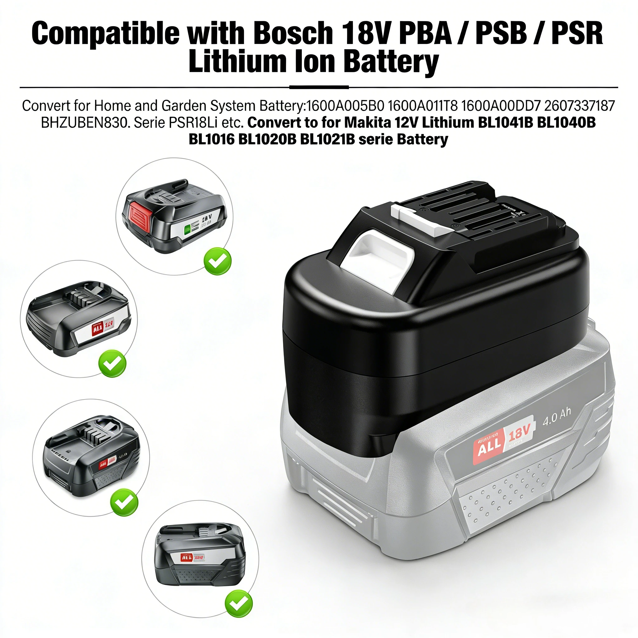 Адаптер для аккумуляторов Bosch 18V на Makita 12V BSC18MT12, для преобразования аккумуляторов Bosch 18V серии PBA в инструменты Makita 12V.
Адаптер для аккумуляторов Bosch 18V на Makita 12V BSC18MT12, для преобразования аккумуляторов Bosch 18V серии PBA в инструменты Makita 12V.