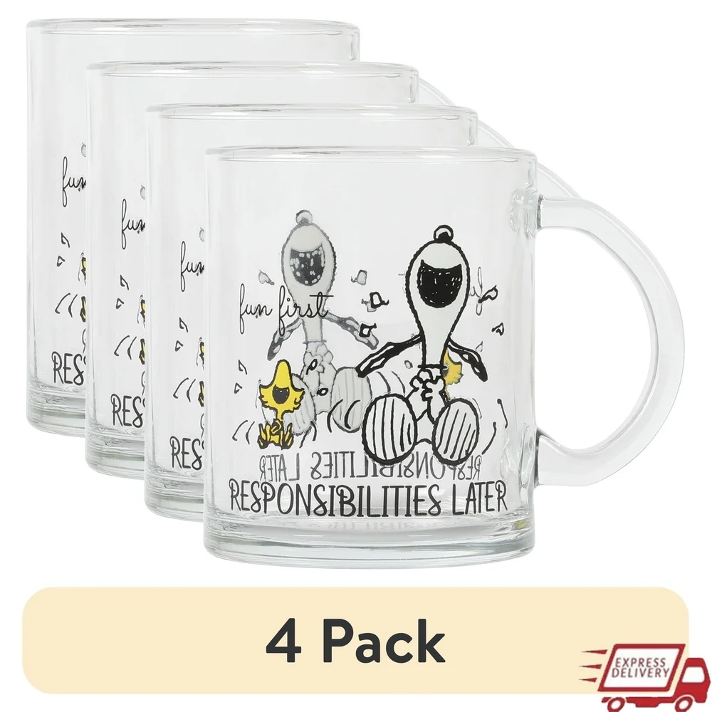 4 упаковки Snoopy Fun Responsibilities Later Mug Можно мыть в посудомоечной машине 18 унций Стеклянная чашка для газировки и лайма, кофе, чая, набор 
4 упаковки Snoopy Fun Responsibilities Later Mug Можно мыть в посудомоечной машине 18 унций Стеклянная чашка для газировки и лайма, кофе, чая, набор