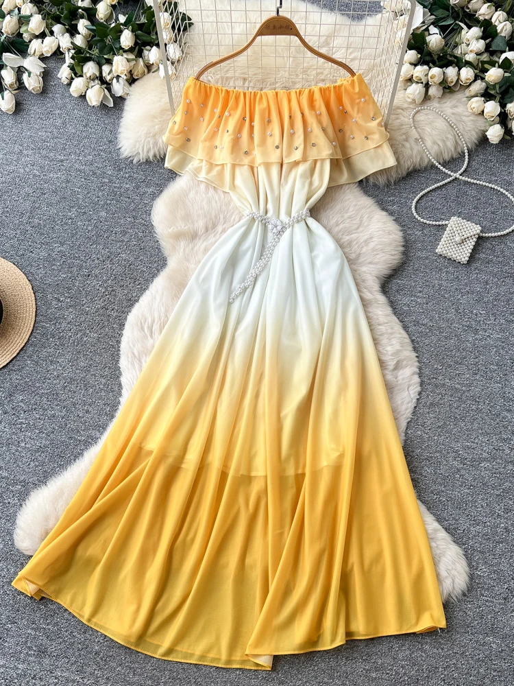 Summer One Shoulder Lotus Leaf Edge Gradient Dress Women's New Fashionable Loose Short Sleeve Diamond Studded Long Dress S595
Summer One Shoulder Lotus Leaf Edge Gradient Dress Women's New Fashionable Loose Short Sleeve Diamond Studded Long Dress S595