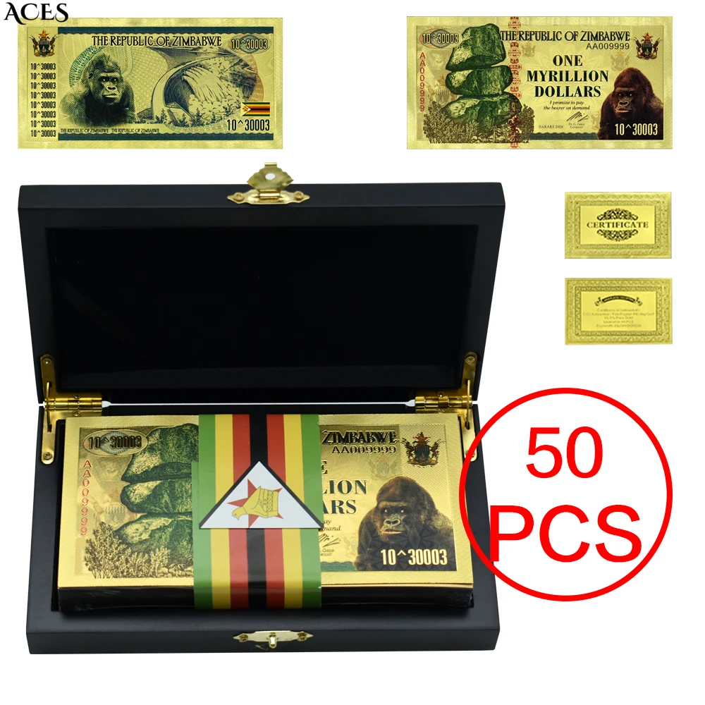 50pcs Zimbabwe Gold Foil Banknotes 30003zeros One Myrillion Dollars Uncurrency Money Chimpanzee Pattern UV Mark
50pcs Zimbabwe Gold Foil Banknotes 30003zeros One Myrillion Dollars Uncurrency Money Chimpanzee Pattern UV Mark