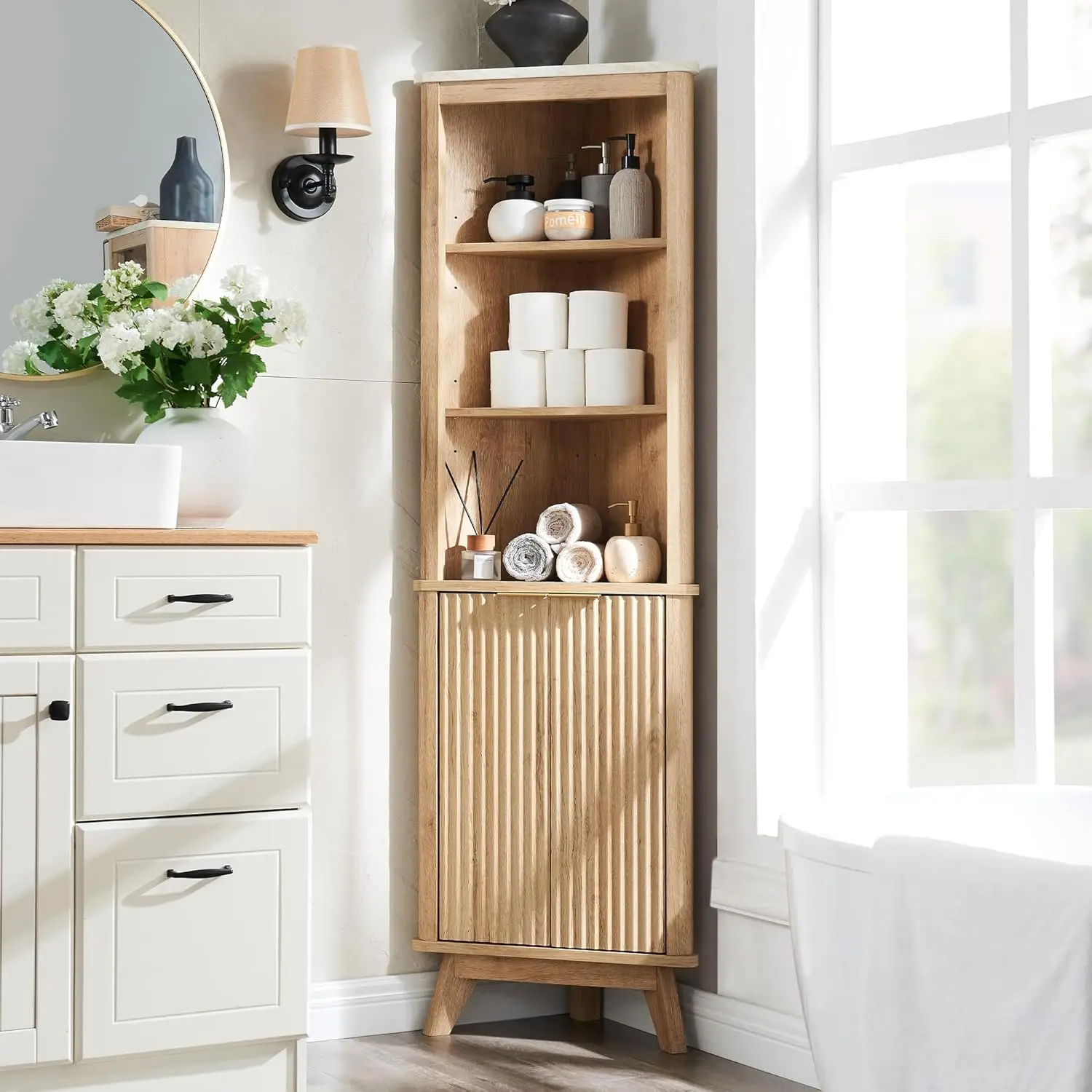 68" Tall Corner Cabinet, Modern Fluted Storage Cabinet with Faux Marble Top & Adjustable Shelves, Curved Profile Design, Space
68" Tall Corner Cabinet, Modern Fluted Storage Cabinet with Faux Marble Top & Adjustable Shelves, Curved Profile Design, Space