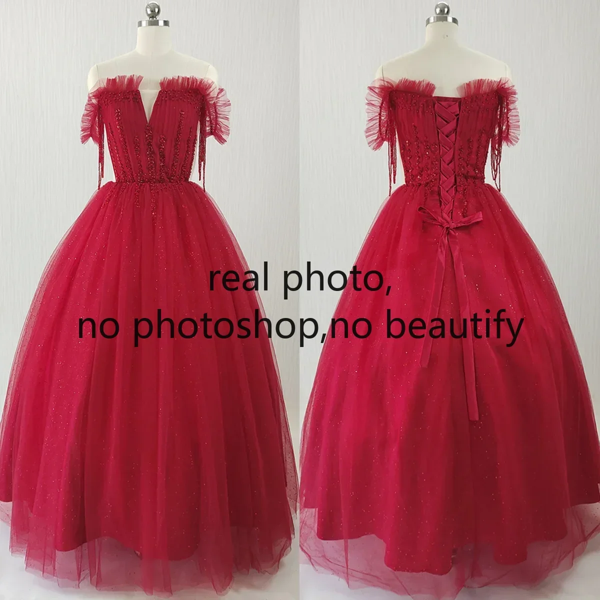 Real Photo Customized Evening Dress Burgundy Tulle Beads Off the Shoulder Princess Floor Length Plus size Party Formal Ball Gown
Real Photo Customized Evening Dress Burgundy Tulle Beads Off the Shoulder Princess Floor Length Plus size Party Formal Ball Gown