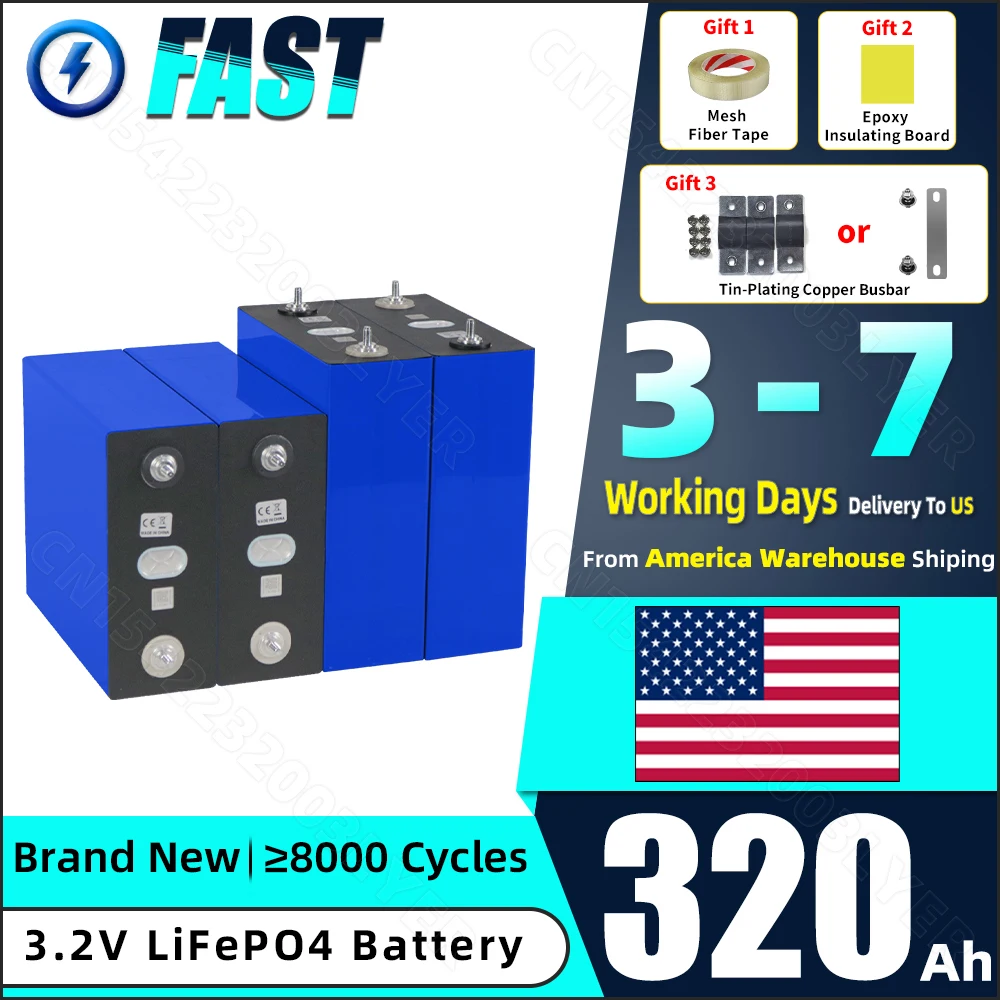US Stock Grade A 320Ah LiFePO4 Battery New 3.2V Rechargeable Batteries Lifepo4 Cell DIY 12V 24V 48V For Solar storage RV Camping
US Stock Grade A 320Ah LiFePO4 Battery New 3.2V Rechargeable Batteries Lifepo4 Cell DIY 12V 24V 48V For Solar storage RV Camping
