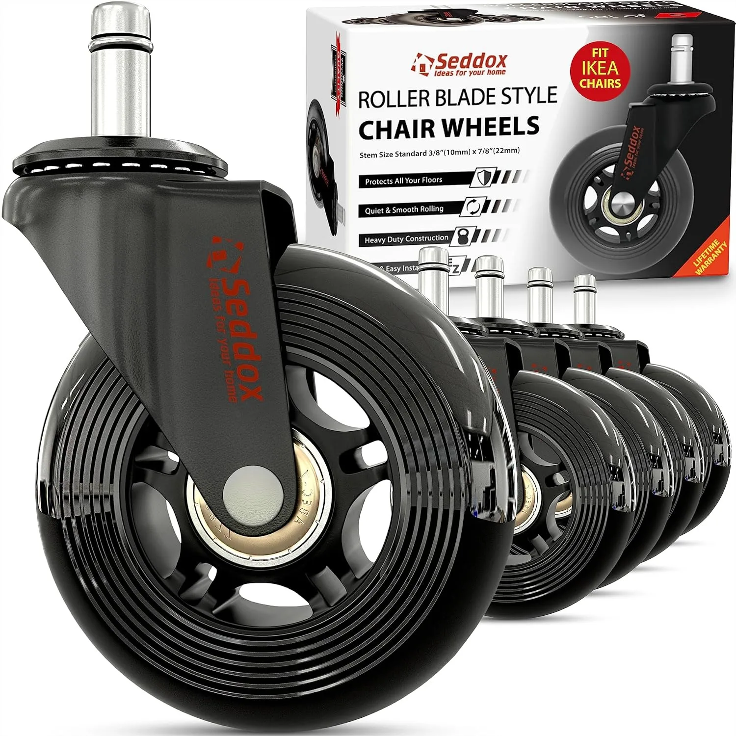 Office Chair Wheels Replacement Set 10mm (3/8" x 7/8") Stem, Soft Desk Chair Casters for Wood Floors & Carpet, Heavy Duty & Safe
Office Chair Wheels Replacement Set 10mm (3/8" x 7/8") Stem, Soft Desk Chair Casters for Wood Floors & Carpet, Heavy Duty & Safe