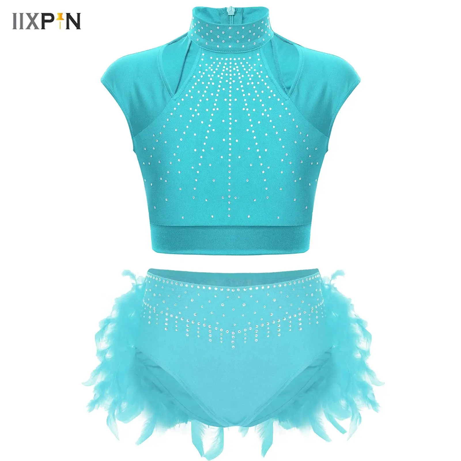Kids Girls Figure Skating Gymnastics Outfit Sleeveless Cutout Shiny Rhinestones Crop Top+Feather Briefs Skirt for Jazz Dancewear
Kids Girls Figure Skating Gymnastics Outfit Sleeveless Cutout Shiny Rhinestones Crop Top+Feather Briefs Skirt for Jazz Dancewear