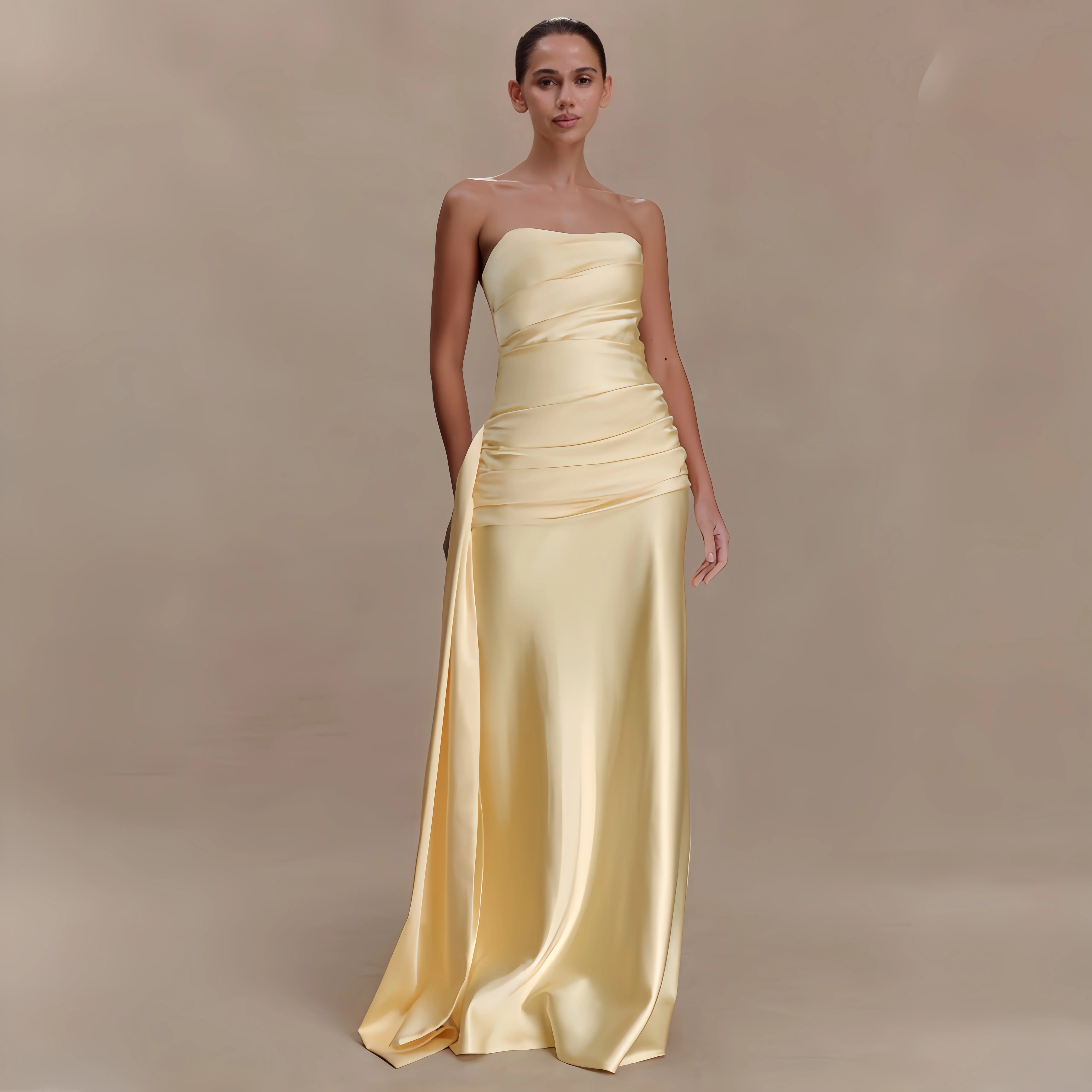 Women's Formal Evening Gowns Elegant Pale Yellow Strapless Satin Ruched Waist Floor Length Formal Wedding Cocktail Maxi Gown
Women's Formal Evening Gowns Elegant Pale Yellow Strapless Satin Ruched Waist Floor Length Formal Wedding Cocktail Maxi Gown