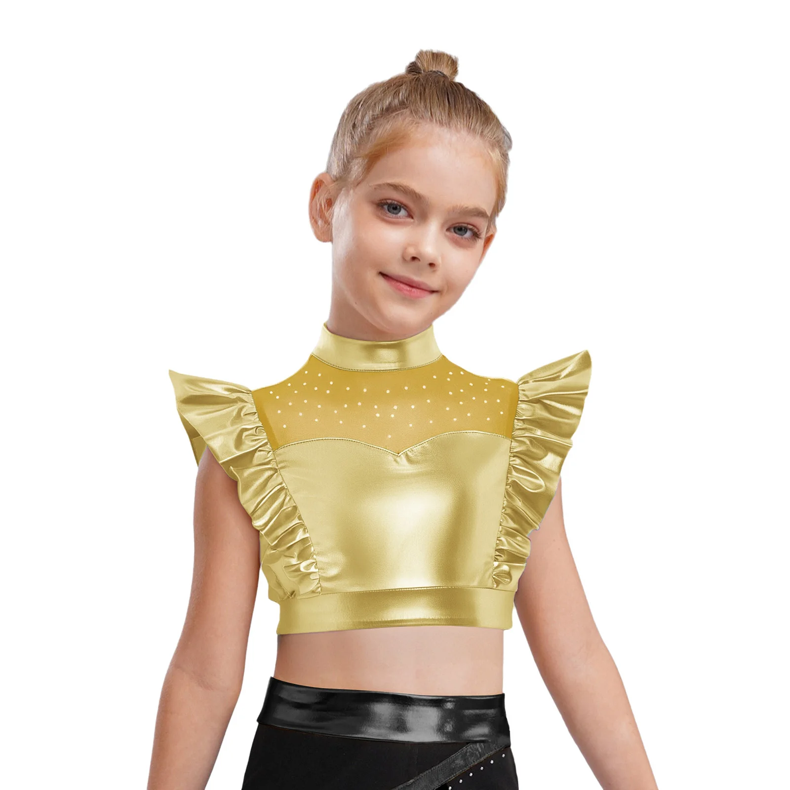 Girls Jazz Metallic Tank Tops Patchwork Rhinestone ASleeveless Shiny Ruffle Crop Tops Press Buttons Keyhole Back Dance Shirts
Girls Jazz Metallic Tank Tops Patchwork Rhinestone ASleeveless Shiny Ruffle Crop Tops Press Buttons Keyhole Back Dance Shirts