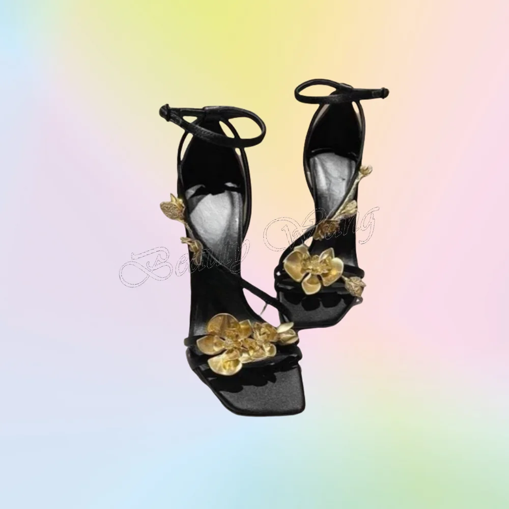 Black Gold Flower Decor Sandals Square Toe Ankle Buckle High Shoes for Women Open Toe Wedding Shoes 2025 Zapatillas Mujer 
Black Gold Flower Decor Sandals Square Toe Ankle Buckle High Shoes for Women Open Toe Wedding Shoes 2025 Zapatillas Mujer