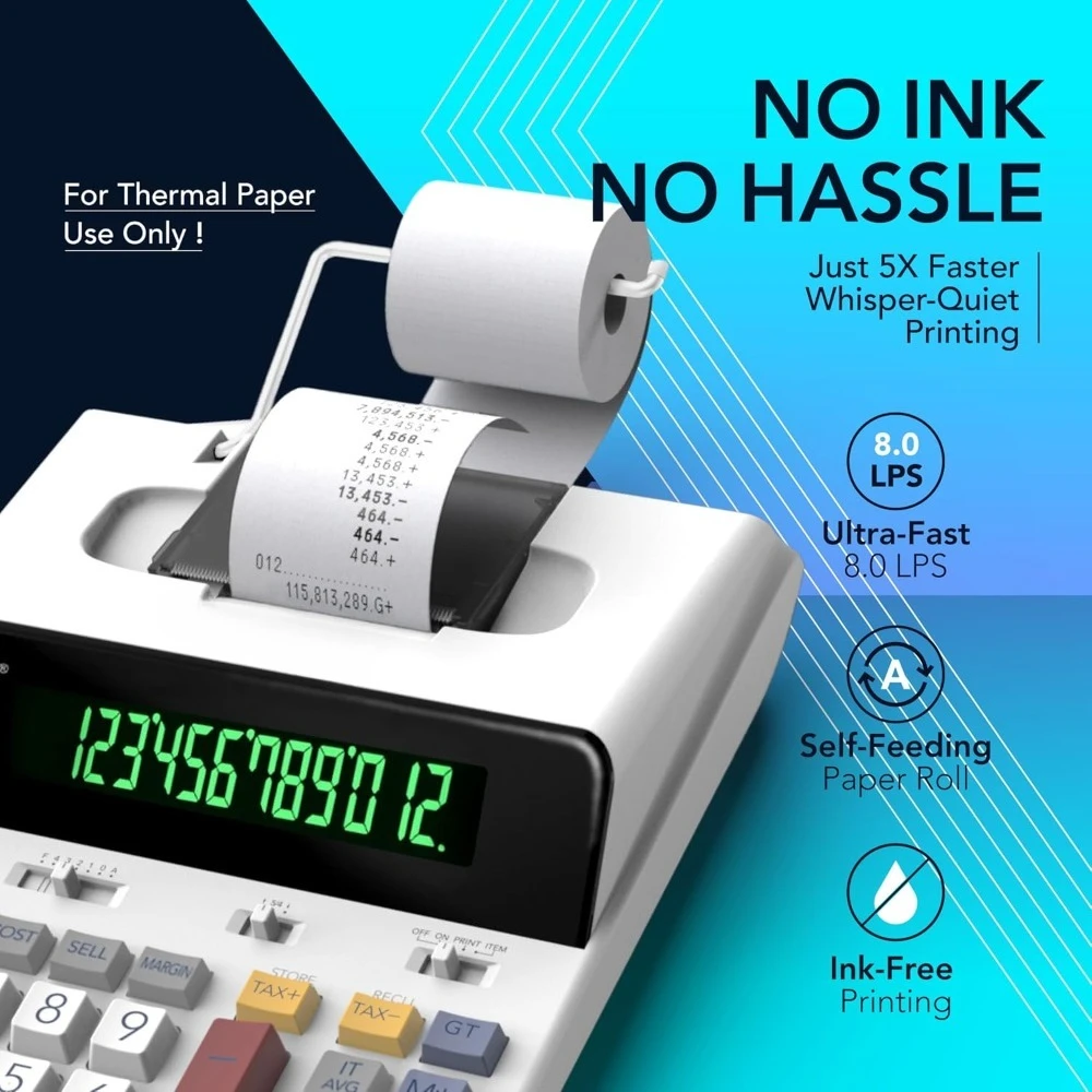 12 Digit Thermal Printing Calculator with Tape Print Out, Ink-Free Adding Machine, Fast 8.0 LPS, Large Fluorescent Display,