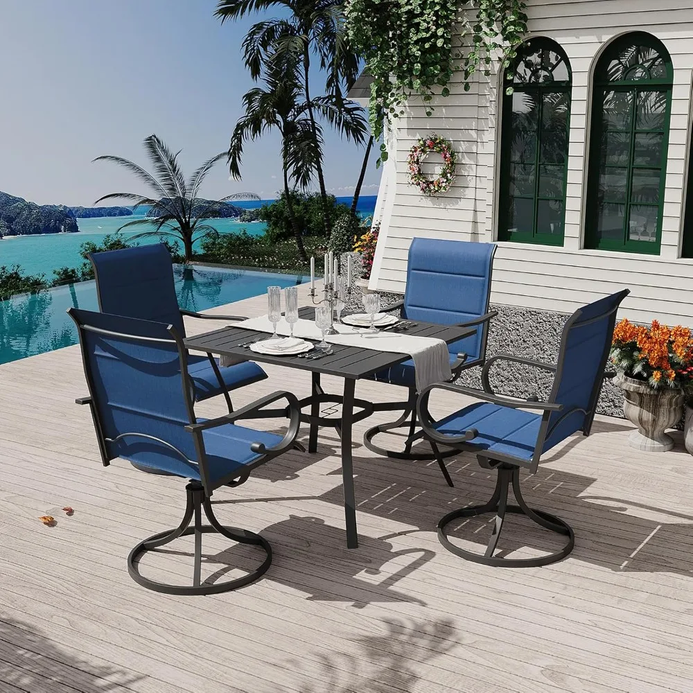 5 Pieces Outdoor Dining Set, 4 Swivel Rocker Chairs with High Back Textilene & Square Metal Dining Table with Umbrella Hole,
5 Pieces Outdoor Dining Set, 4 Swivel Rocker Chairs with High Back Textilene & Square Metal Dining Table with Umbrella Hole,