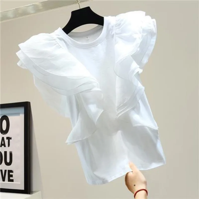 Summer Loose Slimming Top Features A Stylish Elegant Ruffled Sleeveless Casual T-shirt Fashion Breath Women's Wear for Commuting
Summer Loose Slimming Top Features A Stylish Elegant Ruffled Sleeveless Casual T-shirt Fashion Breath Women's Wear for Commuting
