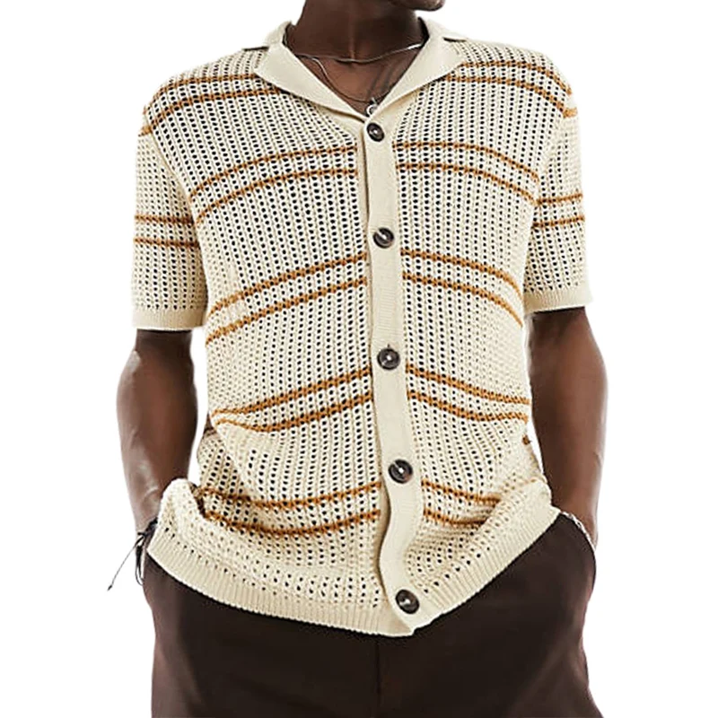 Fashion 2024 Lapel Button Tees Tops Fashion Striped Stitch Knitted Shirts Men Clothing Summer Hollow Out Short Sleeve T Shirt
Fashion 2024 Lapel Button Tees Tops Fashion Striped Stitch Knitted Shirts Men Clothing Summer Hollow Out Short Sleeve T Shirt