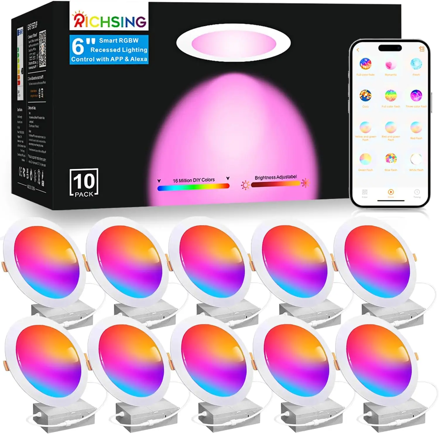 10 Pack 6 Inch Smart LED Recessed Lights, Alexa Compatible, Dimmable RGBCW with Junction Box, 16M Colors & Timer
10 Pack 6 Inch Smart LED Recessed Lights, Alexa Compatible, Dimmable RGBCW with Junction Box, 16M Colors & Timer