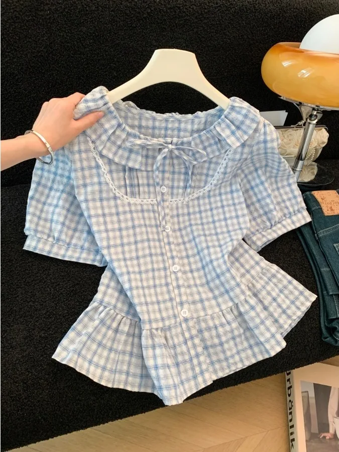 Summer New Design Plaid Short Sleeve Lace Tie Doll Collar Women's Shirt Trendy Top Cotton Blend Comfortable Fit Fashionable
Summer New Design Plaid Short Sleeve Lace Tie Doll Collar Women's Shirt Trendy Top Cotton Blend Comfortable Fit Fashionable