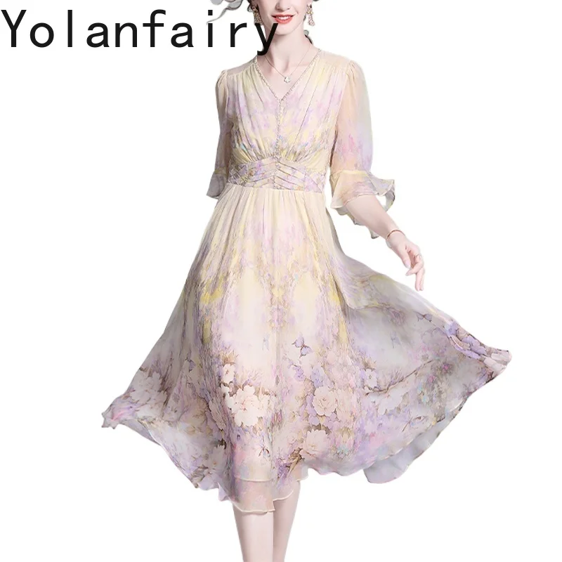 YOLANFAIRY High-end 100% Real Mulberry Silk Dress Woman Summer Romantic Waist-cinching Dress Light Luxury Floral Dresses Elegant
YOLANFAIRY High-end 100% Real Mulberry Silk Dress Woman Summer Romantic Waist-cinching Dress Light Luxury Floral Dresses Elegant