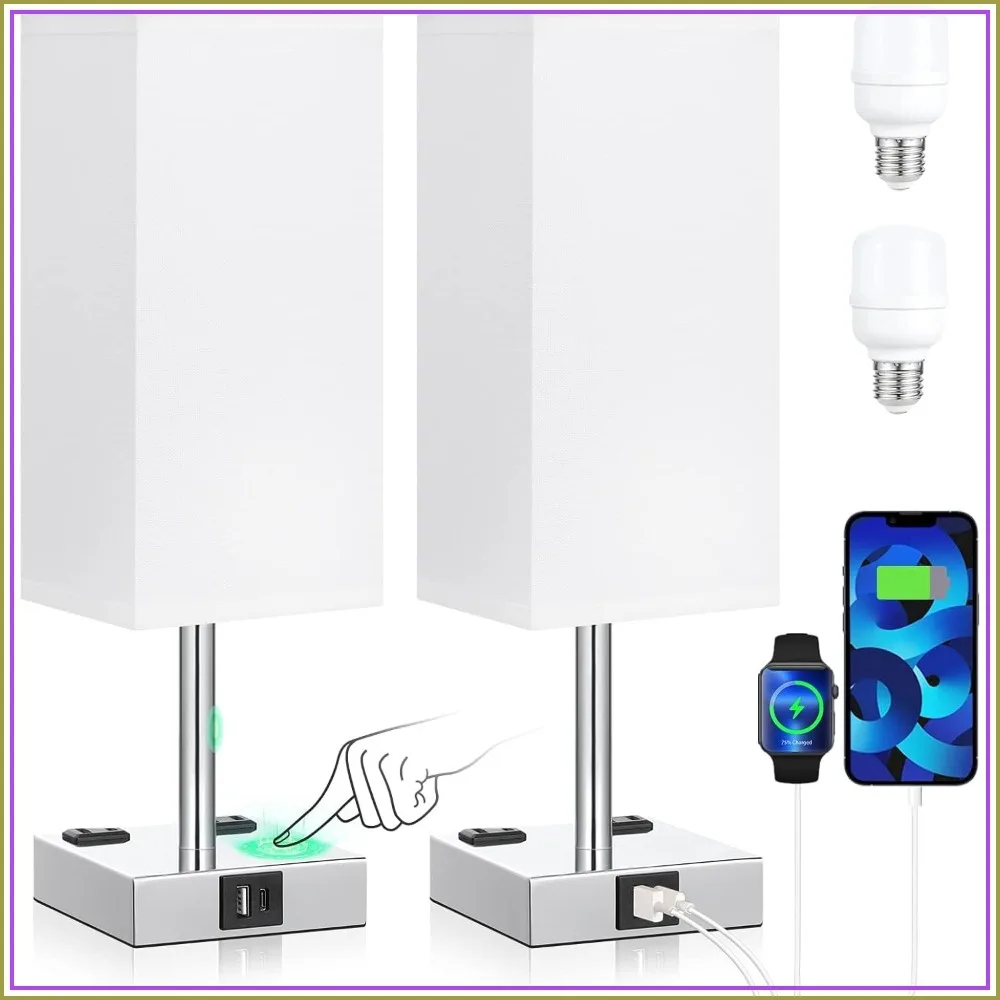 Set of 2 Touch Nightstand Lamps with USB-C+A Charging Ports & AC Outlets, 3-Way Dimmable Bedside Lamp with White Fabric Shade, Small Table Lamp for Bedroom Guest Room (Bulb Included)
Set of 2 Touch Nightstand Lamps with USB-C+A Charging Ports & AC Outlets, 3-Way Dimmable Bedside Lamp with White Fabric Shade, Small Table Lamp for Bedroom Guest Room (Bulb Included)