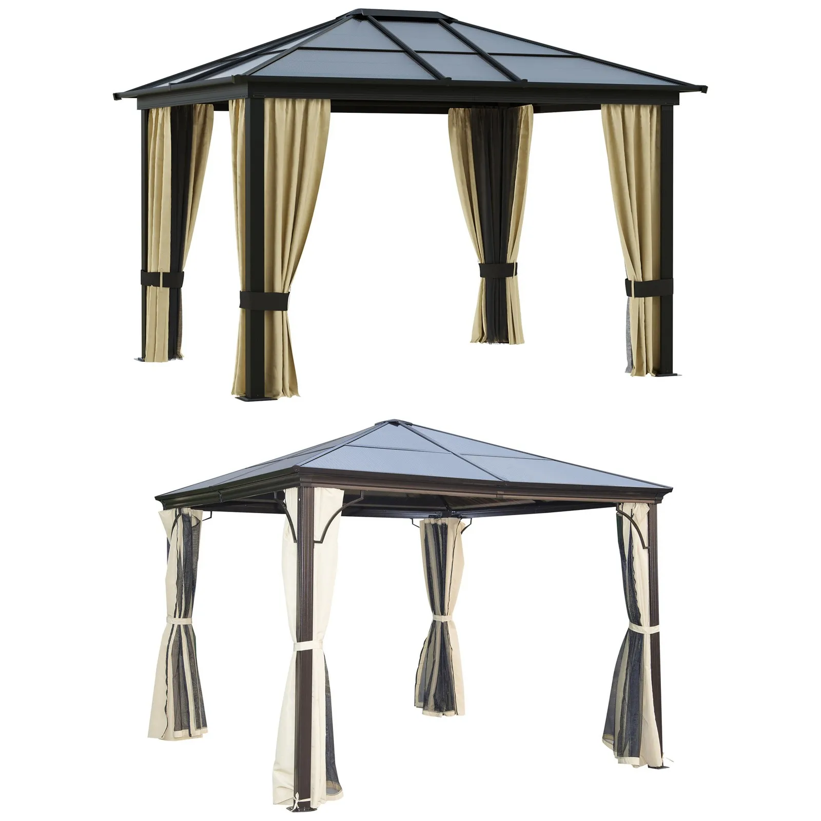 Outdoor Patio Canopy Party Gazebo Shelter Hardtop w/ Mesh and Curtains
Outdoor Patio Canopy Party Gazebo Shelter Hardtop w/ Mesh and Curtains