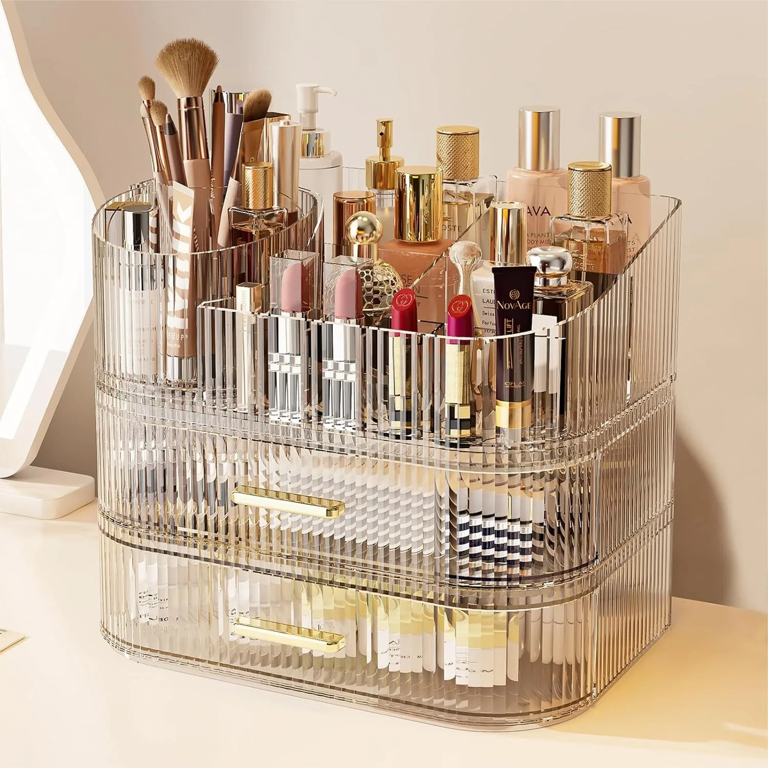 Makeup Organizer with 360 Rotating Brush Holder and Stackable Drawers, Cosmetic Display Case for Vanity, Bathroom Countertop
Makeup Organizer with 360 Rotating Brush Holder and Stackable Drawers, Cosmetic Display Case for Vanity, Bathroom Countertop