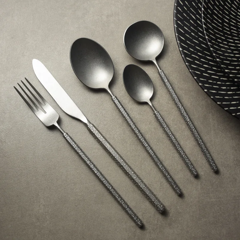 5pcs Creative Cutlery Set 304 Stainless Steel Retro Matte Tableware Steak Forks Spoons Dinnerware Flatware Dishwasher safe Gift 
5pcs Creative Cutlery Set 304 Stainless Steel Retro Matte Tableware Steak Forks Spoons Dinnerware Flatware Dishwasher safe Gift