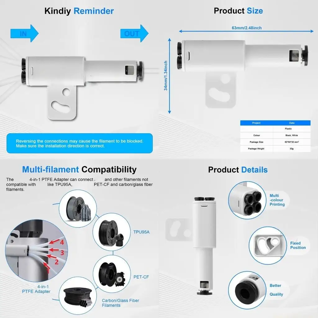 Соединители адаптера трубки из ПТФЭ 4-в-1 для аксессуаров для 3D-принтеров X1C P1S P1P
Соединители адаптера трубки из ПТФЭ 4-в-1 для аксессуаров для 3D-принтеров X1C P1S P1P