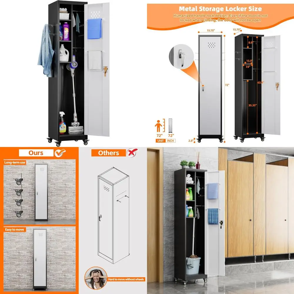 72-Inch Tall Lockable Metal Broom Closet Cabinet with Hooks for Home Storage, Black and Gray, Assembly Required
72-Inch Tall Lockable Metal Broom Closet Cabinet with Hooks for Home Storage, Black and Gray, Assembly Required