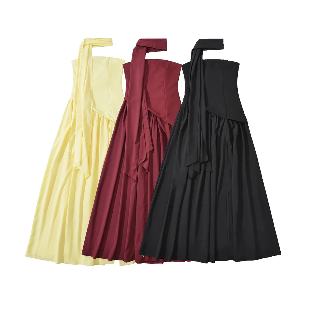 Autumn New Scarf Slash Collar Long Strapless Dress Women Cross Lacing Up Bandage Back Ruched Hem High Slit Maxi Dresses Robe 
Autumn New Scarf Slash Collar Long Strapless Dress Women Cross Lacing Up Bandage Back Ruched Hem High Slit Maxi Dresses Robe
