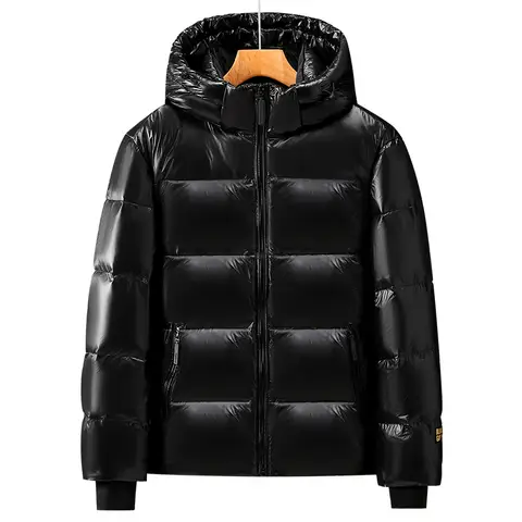 New Fashion Men Black Shiny Puff Jackets Down Coats Hooded Casual Down Jackets Quality Male Outdoor White Duck Down Warm Jackets