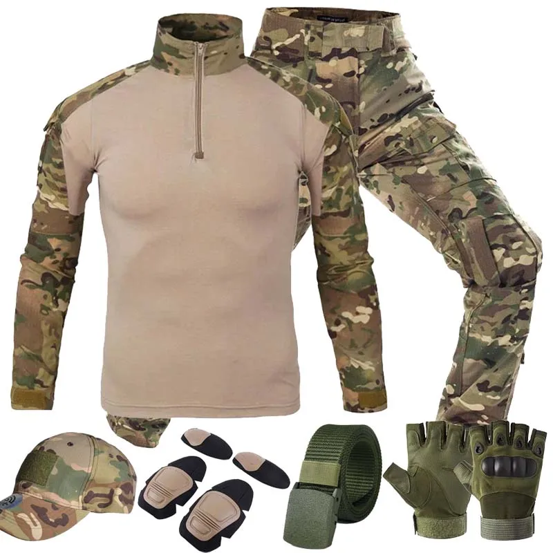 6 in 1 Complete Tactical Gear Set Men Combat Uniform Frog Shirt + Cargo Pants with Knee Pads Belt Cap Gloves for Airsoft Hunting
6 in 1 Complete Tactical Gear Set Men Combat Uniform Frog Shirt + Cargo Pants with Knee Pads Belt Cap Gloves for Airsoft Hunting