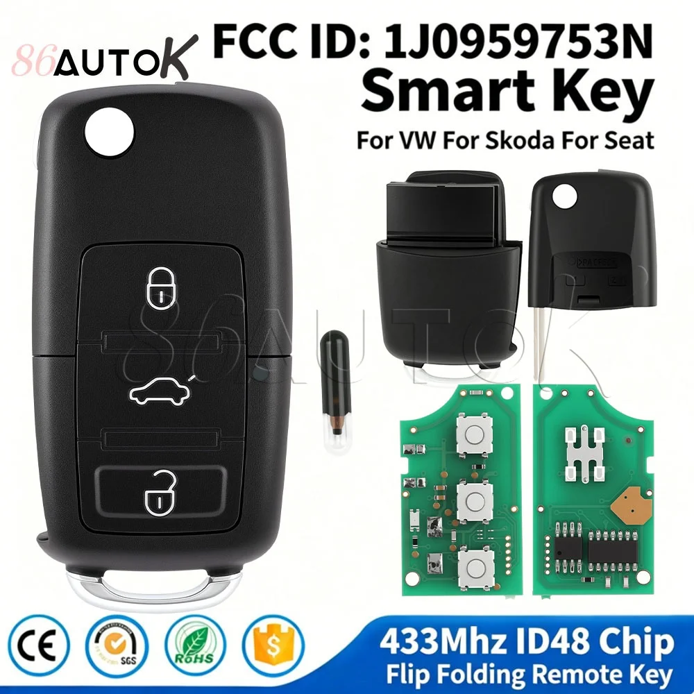 1J0959753N Flip Folding Remote Key For VW Beetle Bora Golf For Seat Toledo For Skoda Octavia 433Mhz ID48 Smart Car Key w/ HU66
1J0959753N Flip Folding Remote Key For VW Beetle Bora Golf For Seat Toledo For Skoda Octavia 433Mhz ID48 Smart Car Key w/ HU66