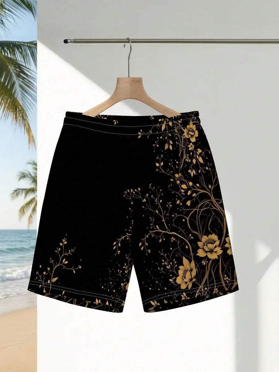 Mens Beach Shorts With Golden Floral Vine Pattern, Breathable Comfortable Summer Shorts
Mens Beach Shorts With Golden Floral Vine Pattern, Breathable Comfortable Summer Shorts