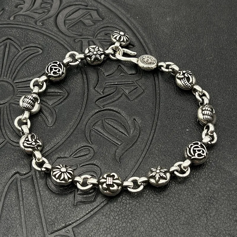 S925 sterling silver punk hip hop retro six-element ball bracelet men and women cross flower jewelry
S925 sterling silver punk hip hop retro six-element ball bracelet men and women cross flower jewelry