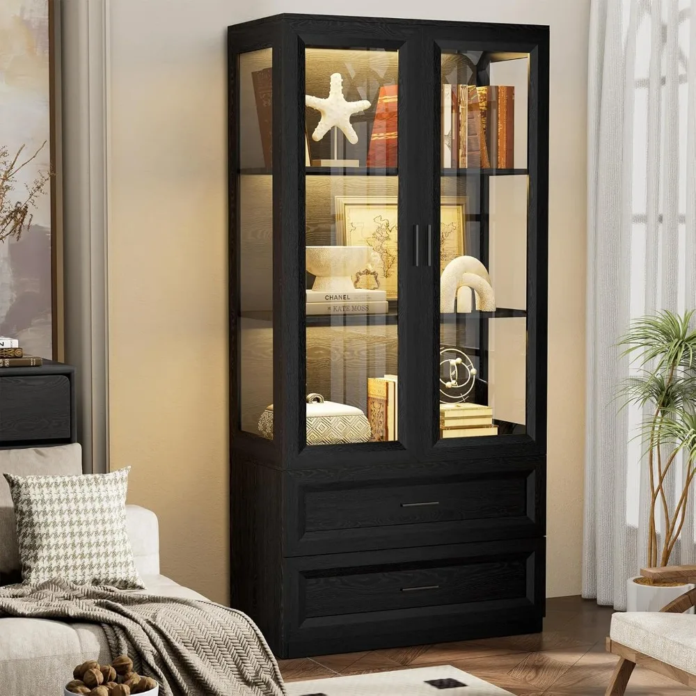 Display Cabinet with LED Lights, Curio Storage Cabinet with Acrylic Doors & 2 Drawers, 67" Bookcase Display Case
Display Cabinet with LED Lights, Curio Storage Cabinet with Acrylic Doors & 2 Drawers, 67" Bookcase Display Case