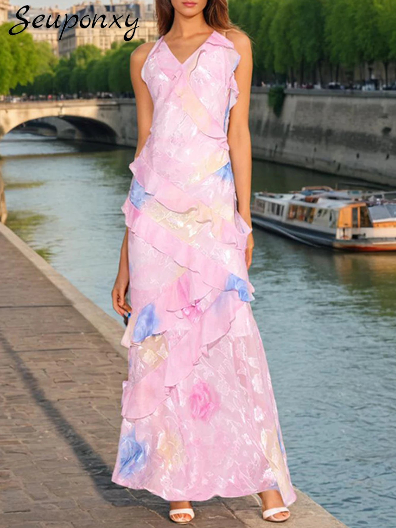 High Quality Summer Women'S Sexy Sleeveless V-Neck Fashionable Printed Ruffled Maxi Dress Elegant Evening Party Dress Vestidos
High Quality Summer Women'S Sexy Sleeveless V-Neck Fashionable Printed Ruffled Maxi Dress Elegant Evening Party Dress Vestidos