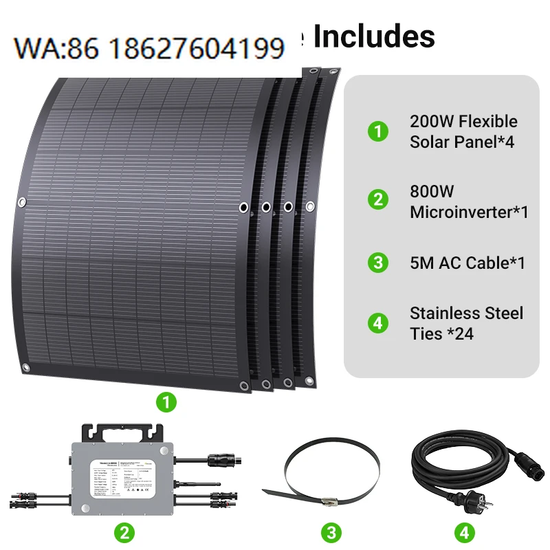 800W Small Balcony RV Dual Use Solar Kit, 4pcs 200w Flexible Panel 800W Microinverter
800W Small Balcony RV Dual Use Solar Kit, 4pcs 200w Flexible Panel 800W Microinverter