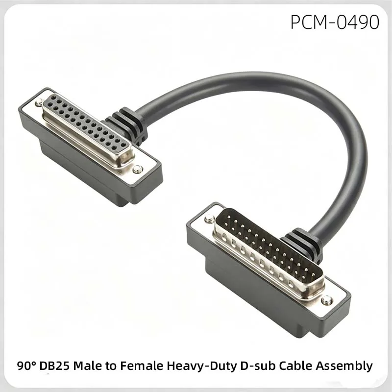 High-reliability DB25 male-to-DB25 female cable with 90° right-angle, upward-facing connectors
High-reliability DB25 male-to-DB25 female cable with 90° right-angle, upward-facing connectors
