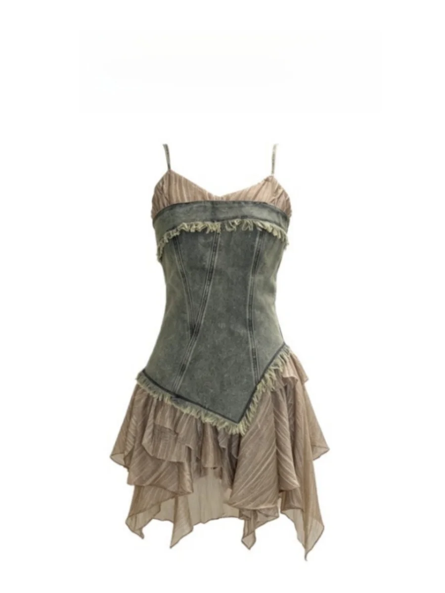MsXIDU Retro Sweet Cool Girl Denim Patchwork Strap Dress Women Summer Design Irregular Skirt A-Line Silhouette Casual Wear
MsXIDU Retro Sweet Cool Girl Denim Patchwork Strap Dress Women Summer Design Irregular Skirt A-Line Silhouette Casual Wear
