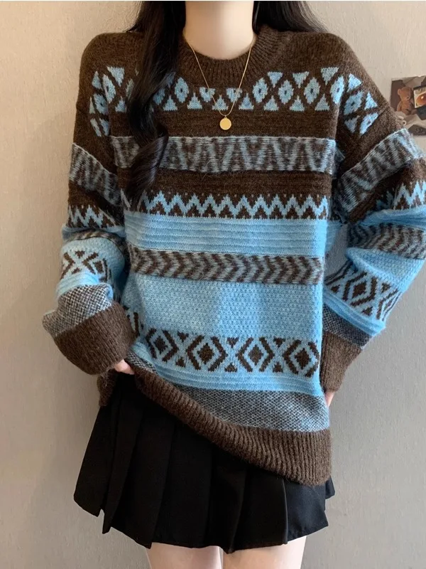 Mila Blue Fair Isle Knit Long Sve Sweater Women's Winter Faion plus Size Lazy Sle Retro Top Commute Loose Fit round Ne
Mila Blue Fair Isle Knit Long Sve Sweater Women's Winter Faion plus Size Lazy Sle Retro Top Commute Loose Fit round Ne