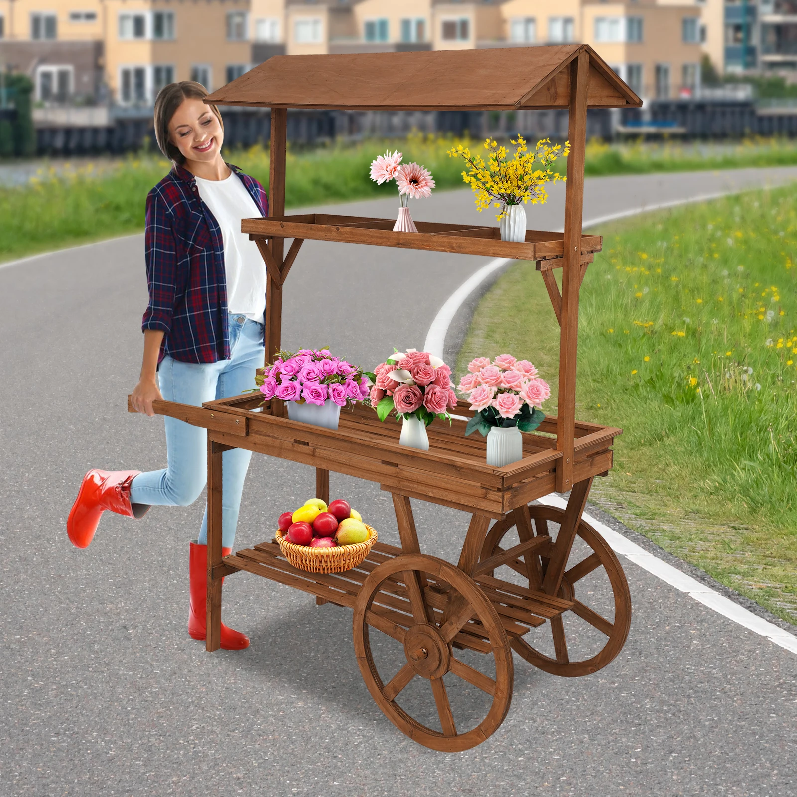 Garden Cart, Vintage Flower Stand 3 Tier on Wheels, Brown Cedar Wood Display Rack Heavy Duty for Plants Books Decor Storage
Garden Cart, Vintage Flower Stand 3 Tier on Wheels, Brown Cedar Wood Display Rack Heavy Duty for Plants Books Decor Storage