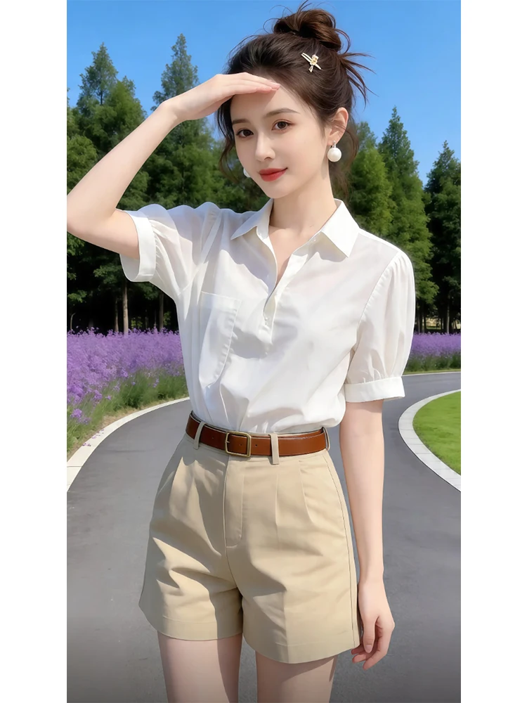 Korean Style Unique Beautiful White Shirt High Waist Short Pants Collar Women's Set Summer New Arrival Casual Fashion
Korean Style Unique Beautiful White Shirt High Waist Short Pants Collar Women's Set Summer New Arrival Casual Fashion