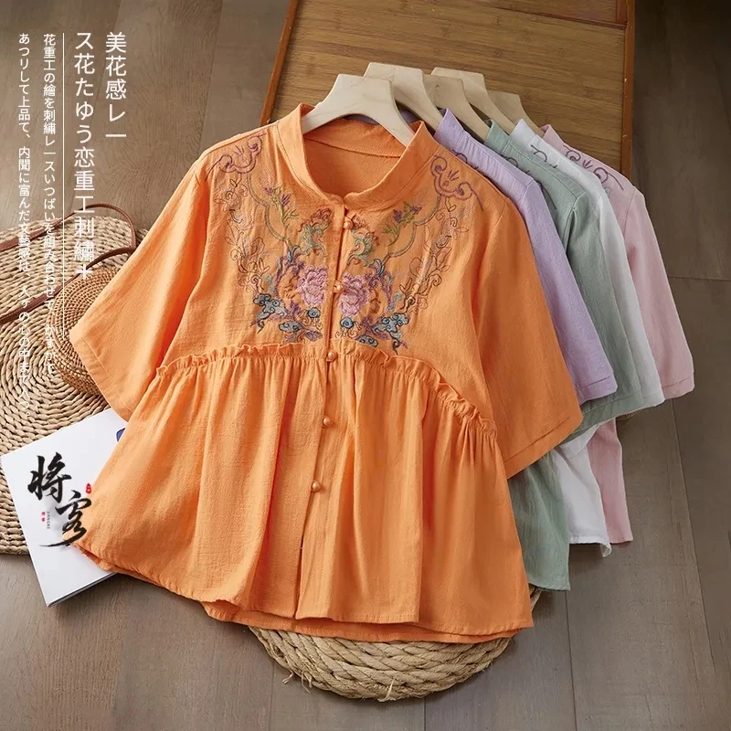 Summer Embroidered Cotton Linen Women Shirt Tops 2025 New Retro Literary Shirt Loose Button Embroidered Summer Women T-Shirt Top
Summer Embroidered Cotton Linen Women Shirt Tops 2025 New Retro Literary Shirt Loose Button Embroidered Summer Women T-Shirt Top