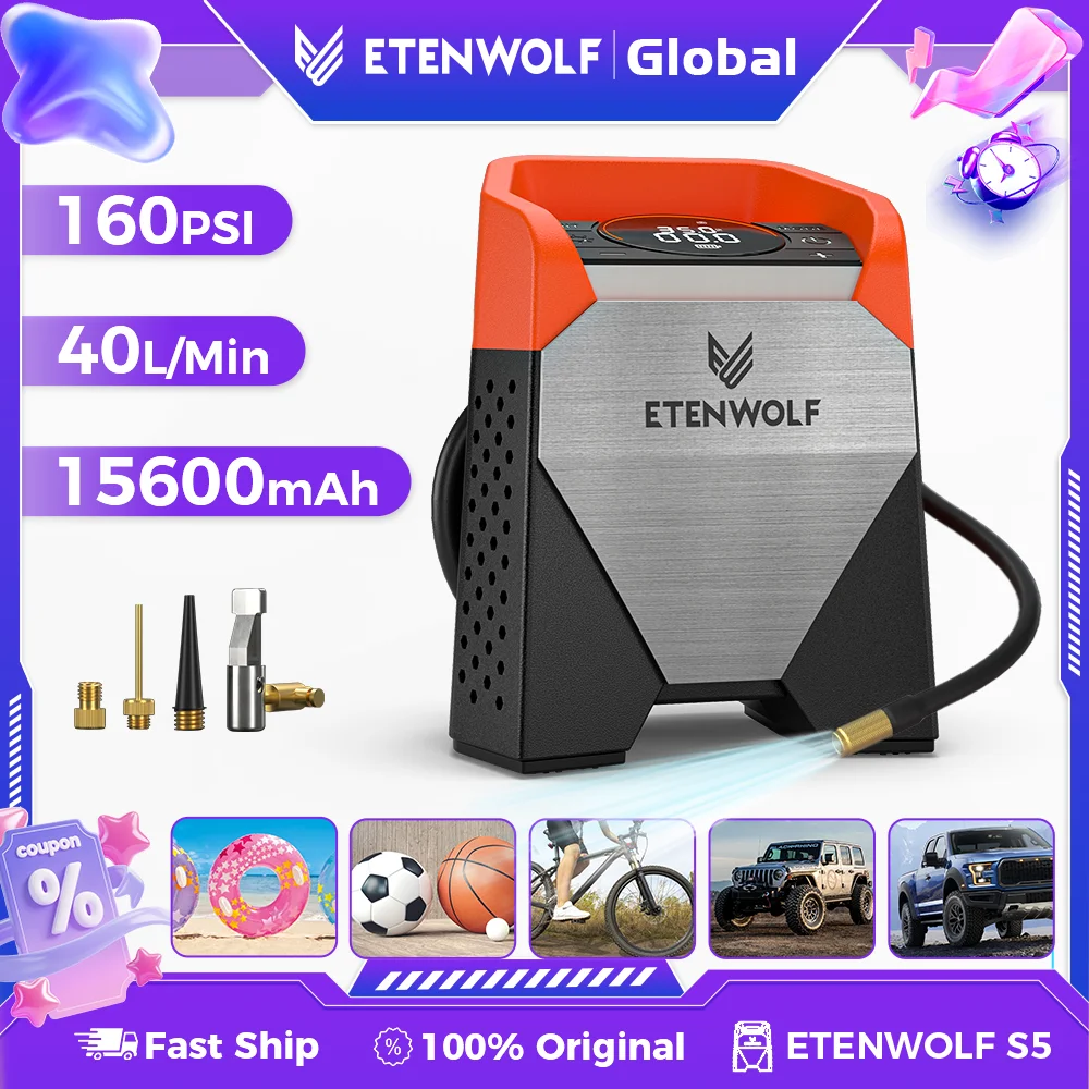 ETENWOLF ZEPHYR S3/S5 Portable Tire Inflator 100% Duty Cycle 7800/15600mAh Air Compressor for Cars Bikes Balls Air Pump (New)
ETENWOLF ZEPHYR S3/S5 Portable Tire Inflator 100% Duty Cycle 7800/15600mAh Air Compressor for Cars Bikes Balls Air Pump (New)