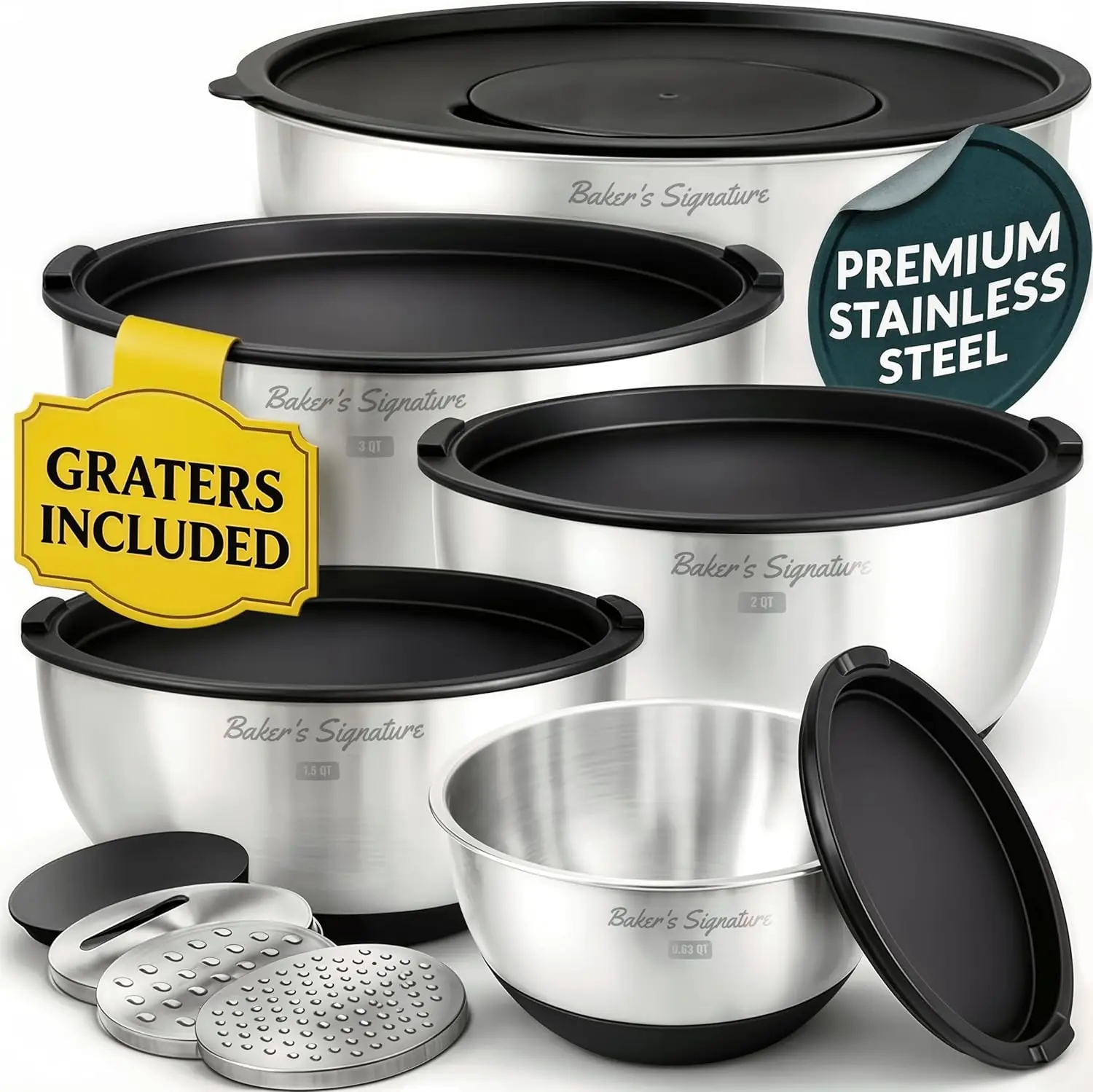 5-Piece Stainless Steel Mixing Bowls with Lids & Graters, Non-Slip Base, 0.63-5QT, Black
5-Piece Stainless Steel Mixing Bowls with Lids & Graters, Non-Slip Base, 0.63-5QT, Black