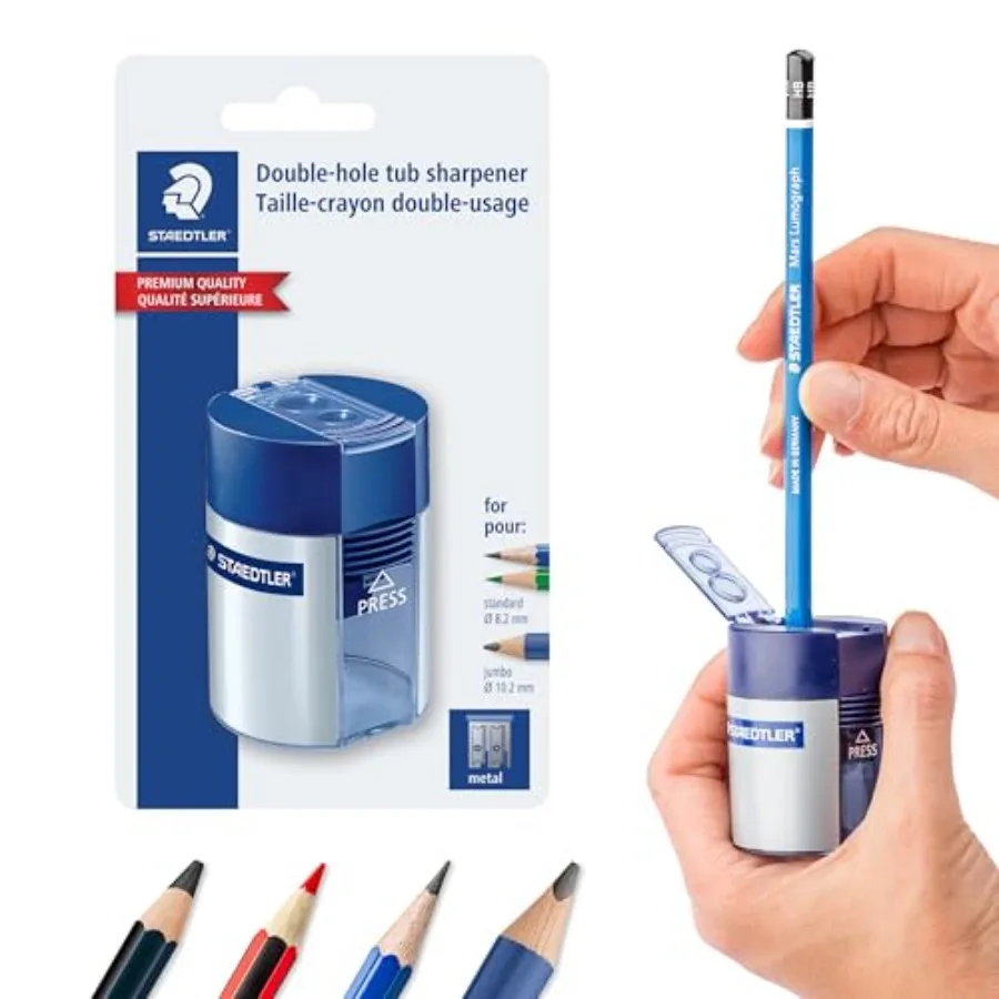 Double-Hole Tub Pencil Sharpener: Dual Size Manual Sharpener for Standard Graphite and Colored Pencils - Compact Design - Ideal
Double-Hole Tub Pencil Sharpener: Dual Size Manual Sharpener for Standard Graphite and Colored Pencils - Compact Design - Ideal