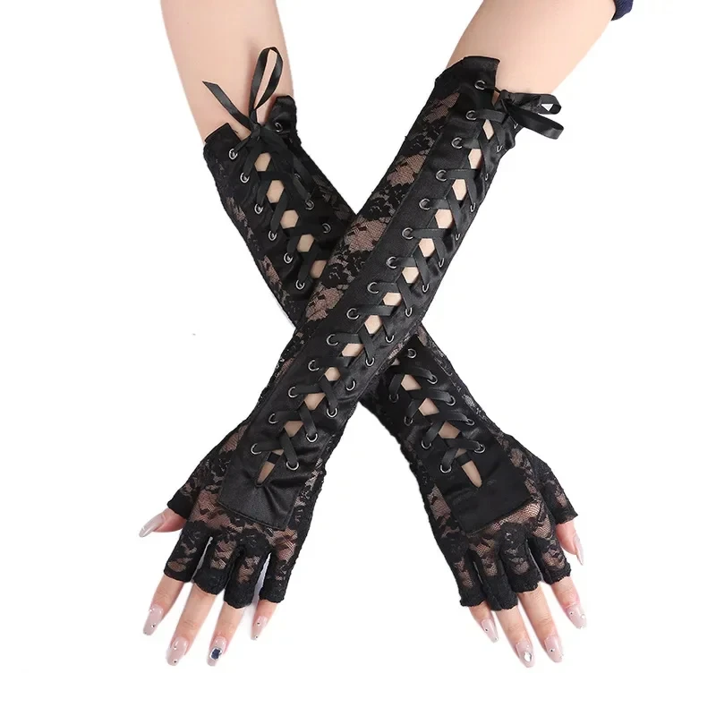 Women Sexy Floral Lace Elbow Length Half-Finger Gloves Black String Ribbon Ties Up Dance Party Fingerless Fishnet Mesh Mittens
Women Sexy Floral Lace Elbow Length Half-Finger Gloves Black String Ribbon Ties Up Dance Party Fingerless Fishnet Mesh Mittens