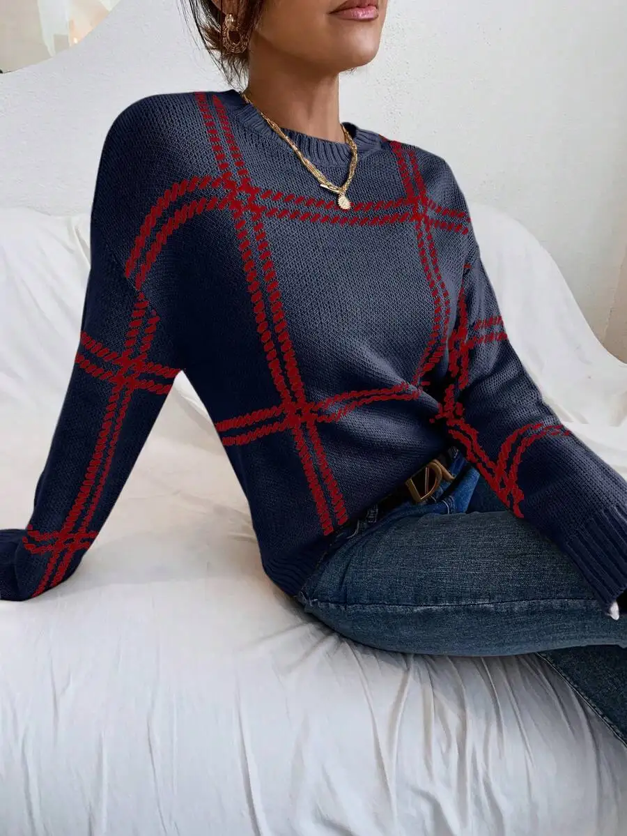 Women Casual Plaid Pattern Dropped Shoulder Loose Pullover Sweater
Women Casual Plaid Pattern Dropped Shoulder Loose Pullover Sweater