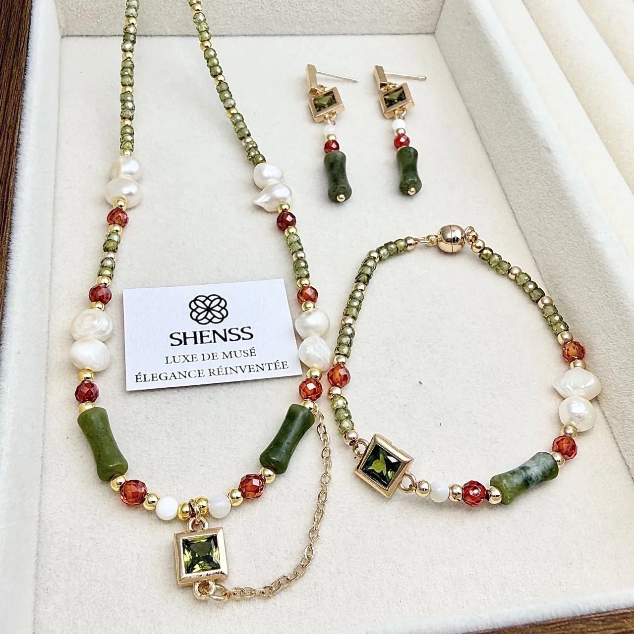 Green Zircon & Natural Baroque Pearl Jewelry Set Forest-Inspired Luxury Necklace Bracelet & Earrings Elegant Versatile Gift for
Green Zircon & Natural Baroque Pearl Jewelry Set Forest-Inspired Luxury Necklace Bracelet & Earrings Elegant Versatile Gift for
