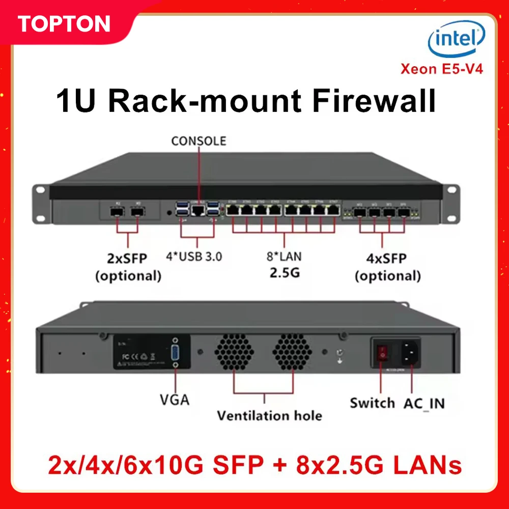 Topton 1U Rack Mount Firewall Mini PC Intel Xeon E5-2699V4 2695V4 C612 X99 4*/2*10G SFP 2*NVMe 8*2.5G LAN 2*SATA NAS Server Host
Topton 1U Rack Mount Firewall Mini PC Intel Xeon E5-2699V4 2695V4 C612 X99 4*/2*10G SFP 2*NVMe 8*2.5G LAN 2*SATA NAS Server Host