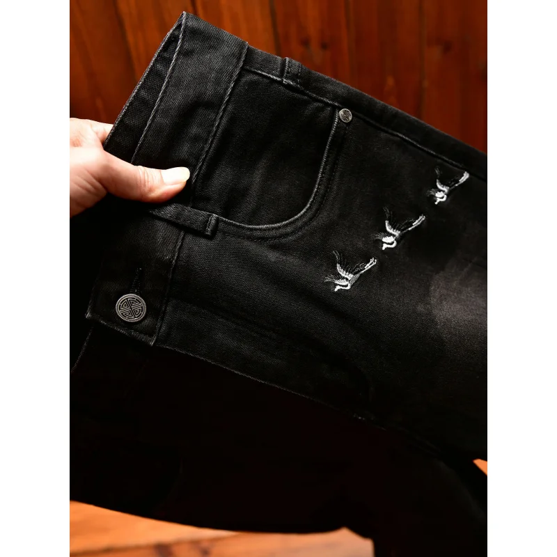 High end black embroidered jeans for men in autumn, slim fit with small feet, trendy stretch print, Chinese ethnic style pants
High end black embroidered jeans for men in autumn, slim fit with small feet, trendy stretch print, Chinese ethnic style pants