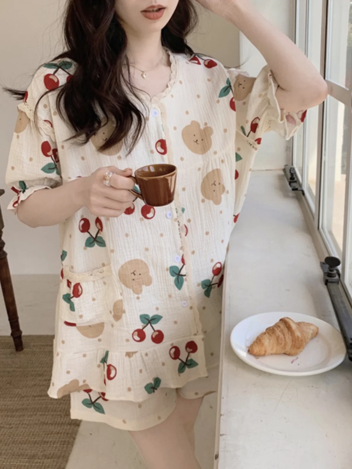 Lace Floral Cotton Pajamas Set Women's Summer Breathable ort Sve Spwear Cardigan Sle Home Clothes Outfit Cotton Yarn
Lace Floral Cotton Pajamas Set Women's Summer Breathable ort Sve Spwear Cardigan Sle Home Clothes Outfit Cotton Yarn