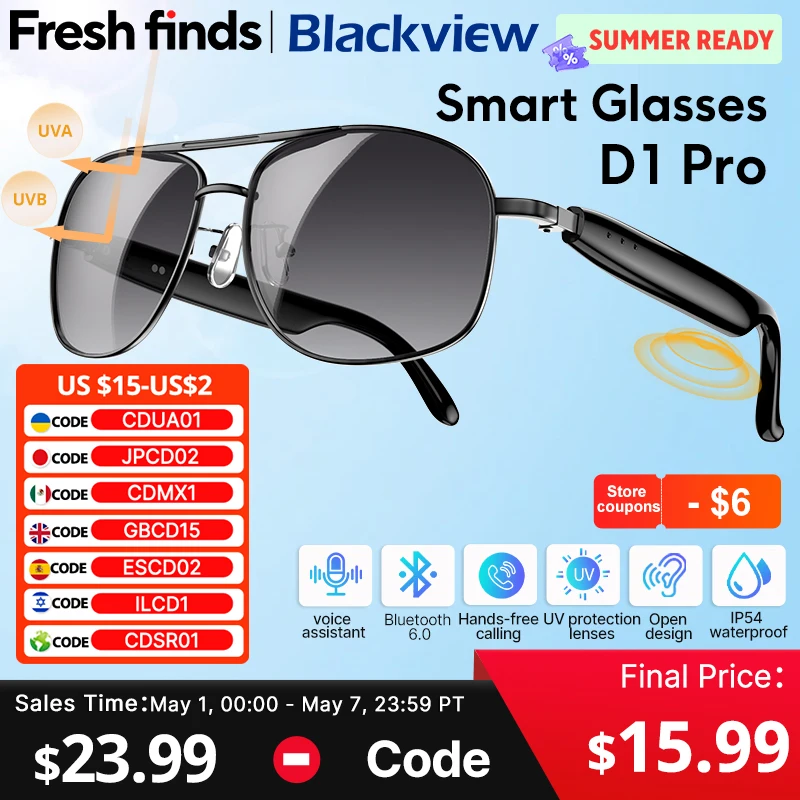 【Мировая премьера】Умные очки Blackview D1 Pro с открытым звуковым полем, голосовым помощником, защитой IP54, для использования на улице, с защитой от ультрафиолета, солнцезащитные очки
【Мировая премьера】Умные очки Blackview D1 Pro с открытым звуковым полем, голосовым помощником, защитой IP54, для использования на улице, с защитой от ультрафиолета, солнцезащитные очки
